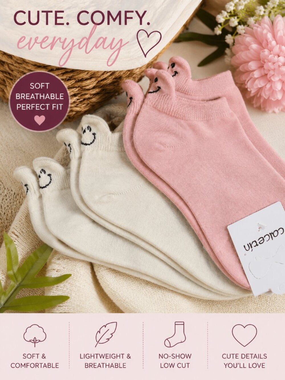 Calectin 2-Pair Smiley Face Ankle Socks 1 Neutral Cream 1 Pink– NWT